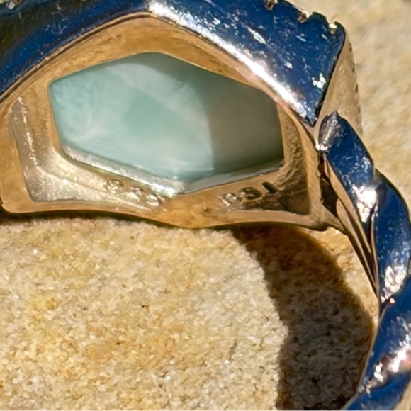 Elegant 925 Silver Cuban Band and and Blue Hexagon Larimar with CZ Halo Ring - Picture 6 of 6